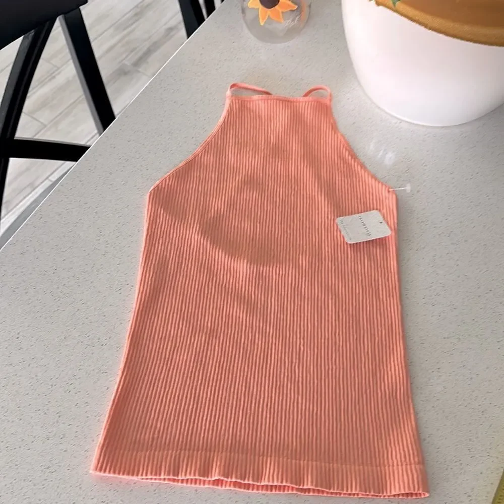 Free People Mmkay Seamless Tank Mango Ribbed High Neck Crisscross M/L *